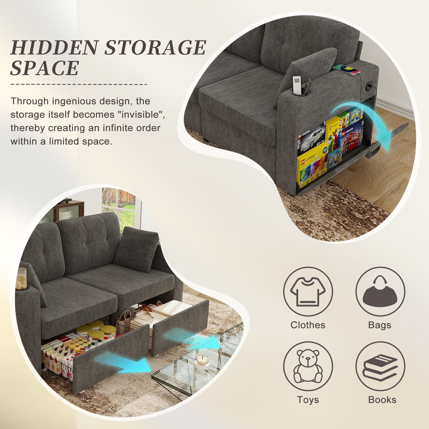 Sofas For Living Room, Couch Set,3 Seats Sofa, USB Charging,Wood Frame,Easy To Install,with Storage, Charging Station,Cup Holder,Modern Sectional Sofas For Living Room, Apartment,Chenille Fabric
