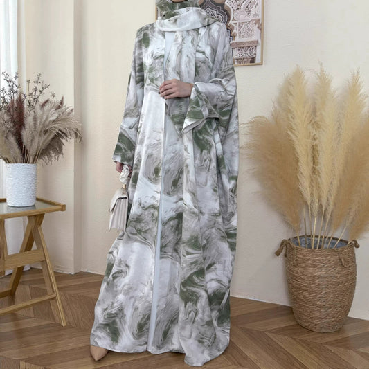 Ink-wash Full-body Print Robe Cardigan Elegant Long Tunic