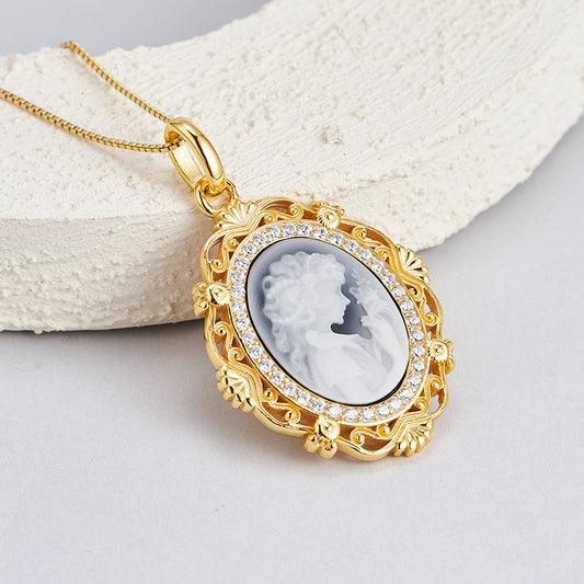 Thai-Style Ancient Cameo Relief Beauty Pendant Clavicle Necklace