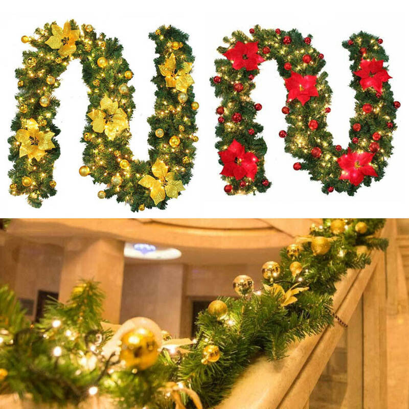 9FT Xmas Christmas Garland Artificial Wreath With LED Lights Stairs Home Rattan,The Style Shipped Is The Same As The Color In The Main Picture.