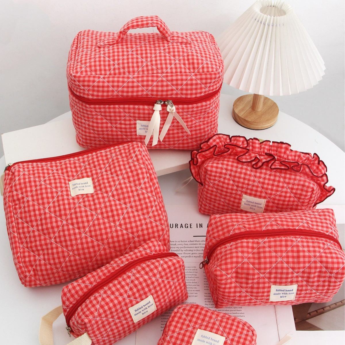 Red Plaid Makeup Bag Portable For Travel