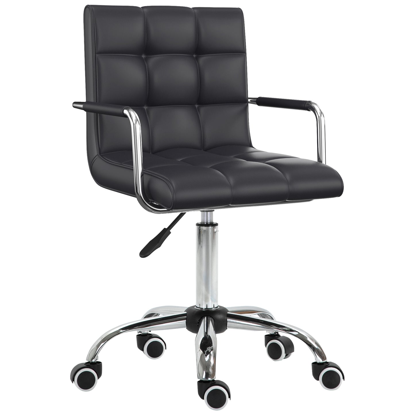Vinsetto Makeup Vanity Chair, PU Leather Mid Back Office Chair With Adjustable Height, Armrest And Rolling Wheels, Black