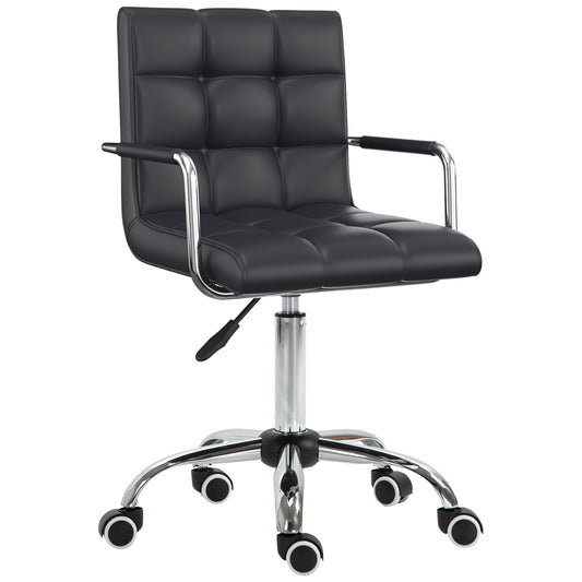 Vinsetto Makeup Vanity Chair, PU Leather Mid Back Office Chair With Adjustable Height, Armrest And Rolling Wheels, Black