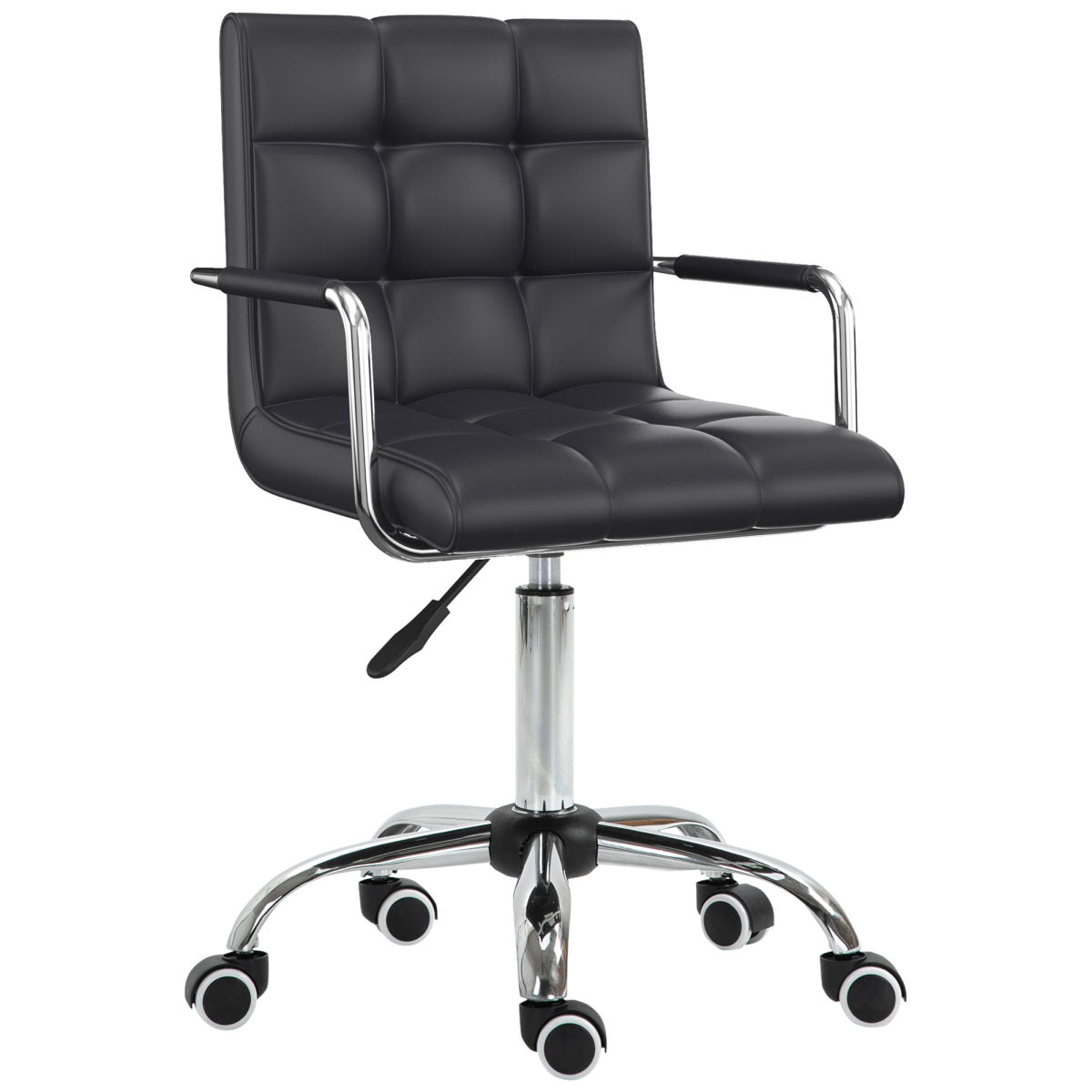 Vinsetto Makeup Vanity Chair, PU Leather Mid Back Office Chair With Adjustable Height, Armrest And Rolling Wheels, Black