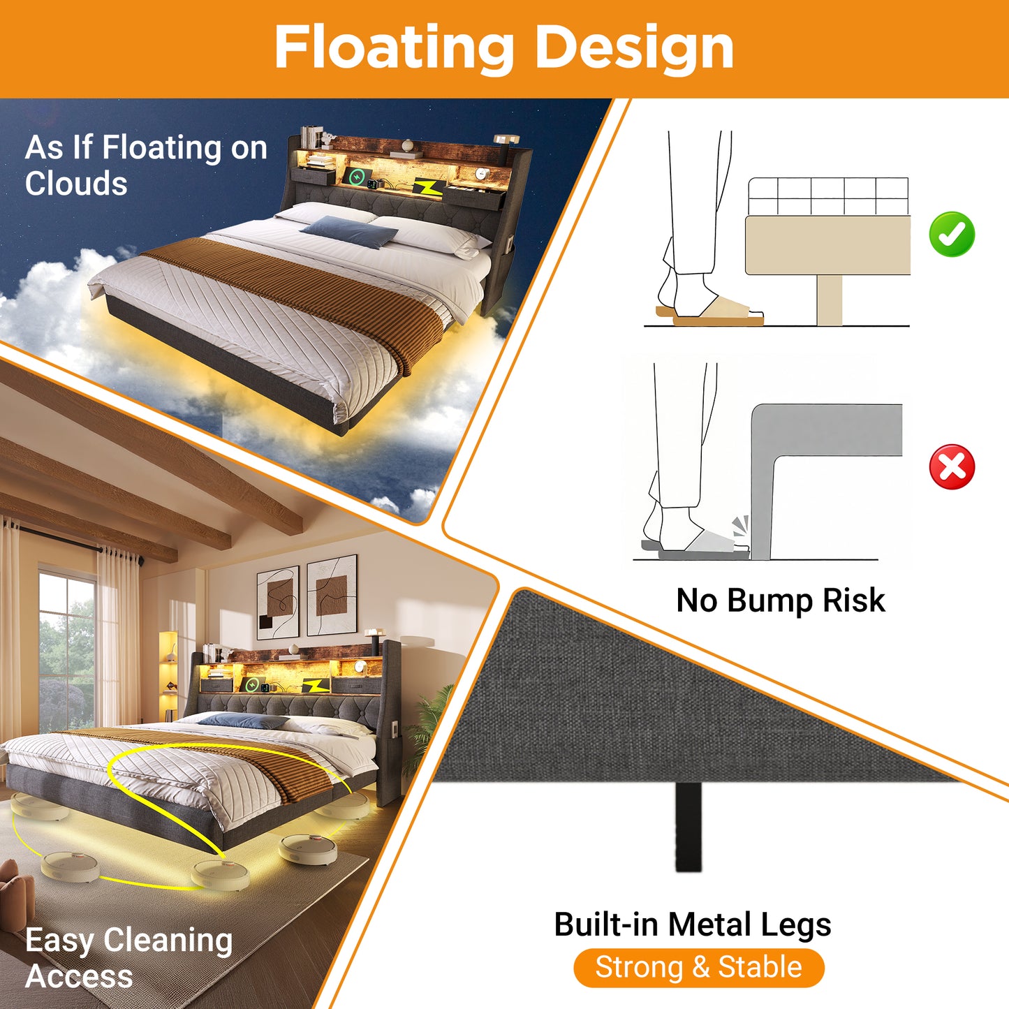 Upholstered Bed 4ft6 Floating Bed With LED Lighting, USB Type-C Charging, Storage Headboard For Cellphones And Tablets,  135 X 190 Cm Double Bed With Metal Slatted Frame, Linen, Grey  No Mattress