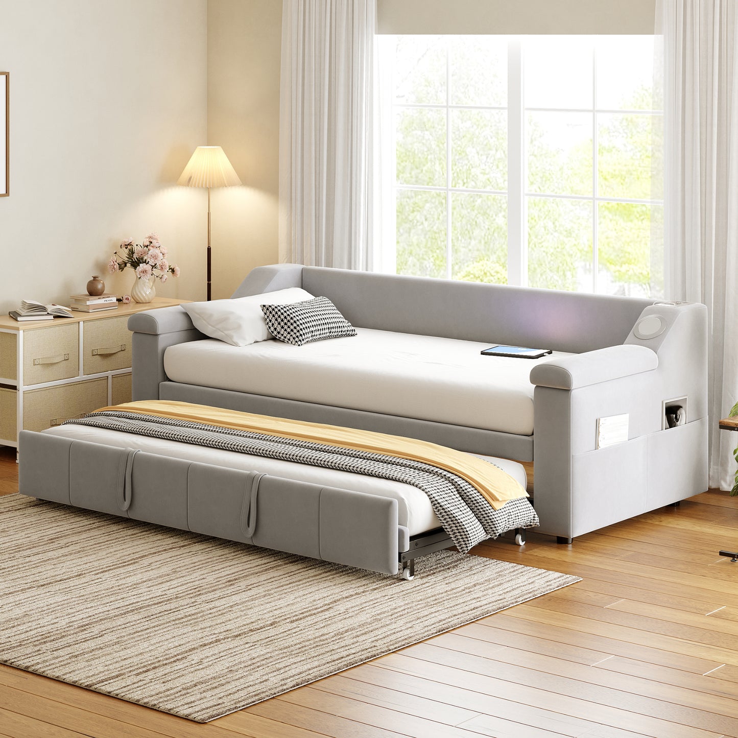 Upholstered Bed Sofa Bed, 90 180x190 Cm, Armrests Wider And Thicker, With Smart Bluetooth Stereo System With USB Charging Port, With Storage Compartments, With Slatted Base, Velvet Fabric, Light Grey