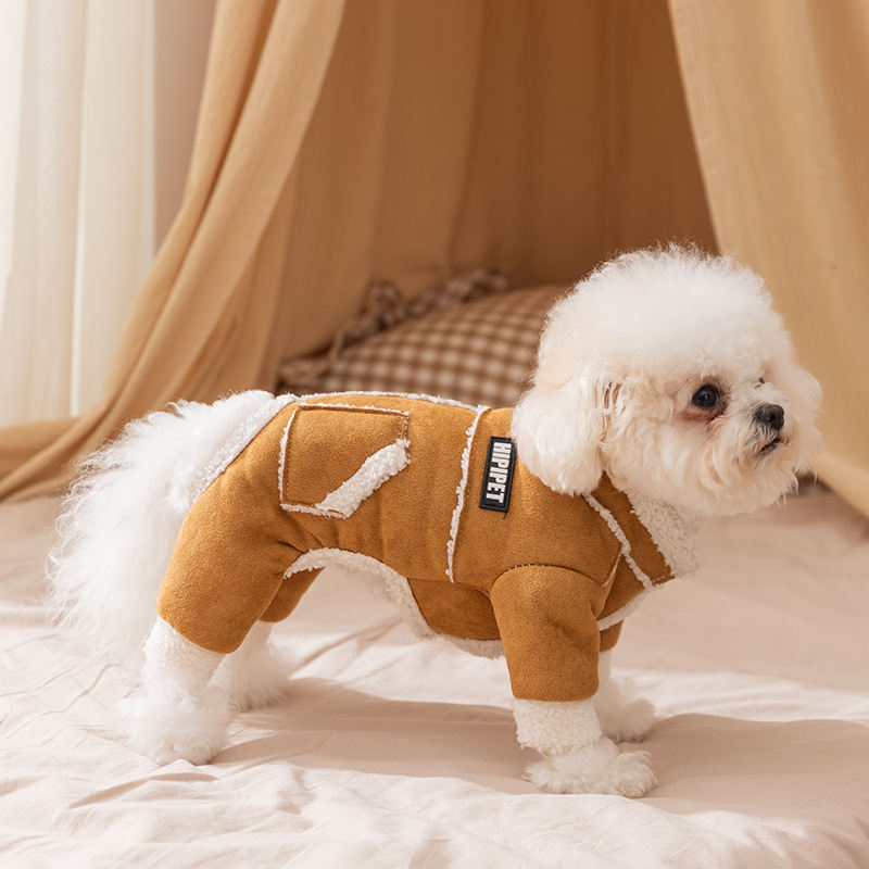 Hipipet Suede Pet Jumpsuit With Sherpa Lining, Warm 4-Leg Dog Coat With Leash Ring & Pockets For Winter