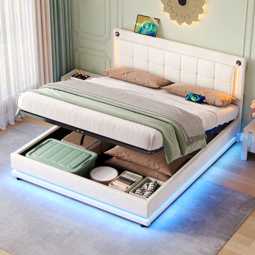 4ft6 Double LED Hydraulic Bed With Charging Station, Adjustable Square Tufted Headboard With Intelligent Control Light, Soft Velvet Bed Frame With USB And Type - C Ports, Beige