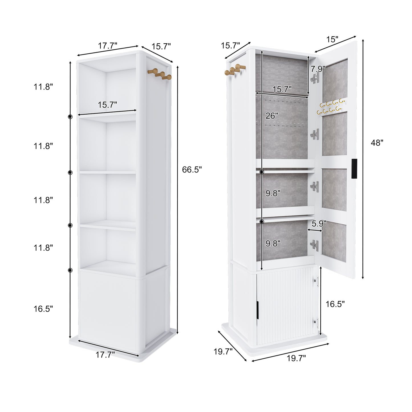 360  Rotating Makeup Cabinet  Jewelry Cabinet With A Full-length Mirror  Standing Storage Cabinet With A Coat Rack  4 Layers Of Open Shelves And 2 Layers Of Built-in Shelves  White