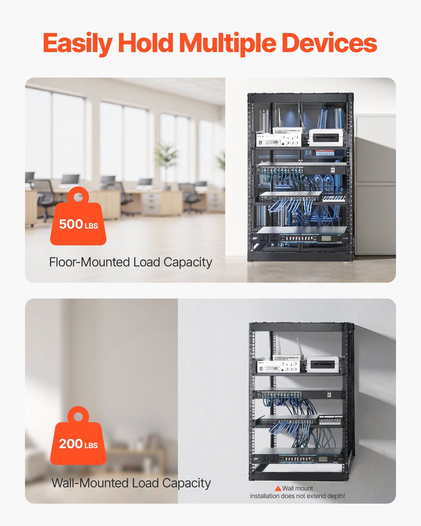 16U Open Frame Network Rack, 23 In Depth, Wall Mounted Or Floor Standing Server Rack, Heavy Duty 4 Post, With Vented Shelves & Mounting Hardware, Holds All Your Networking IT Equipment AV Gear