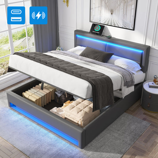 Upholstered Bed 140 X 200 Cm, With USB Port  Supports Wireless And Wired Charging , With LED Lighting And Storage, Without Mattress, PU Lychee Pattern, Grey OLD SKU 3252978AAG