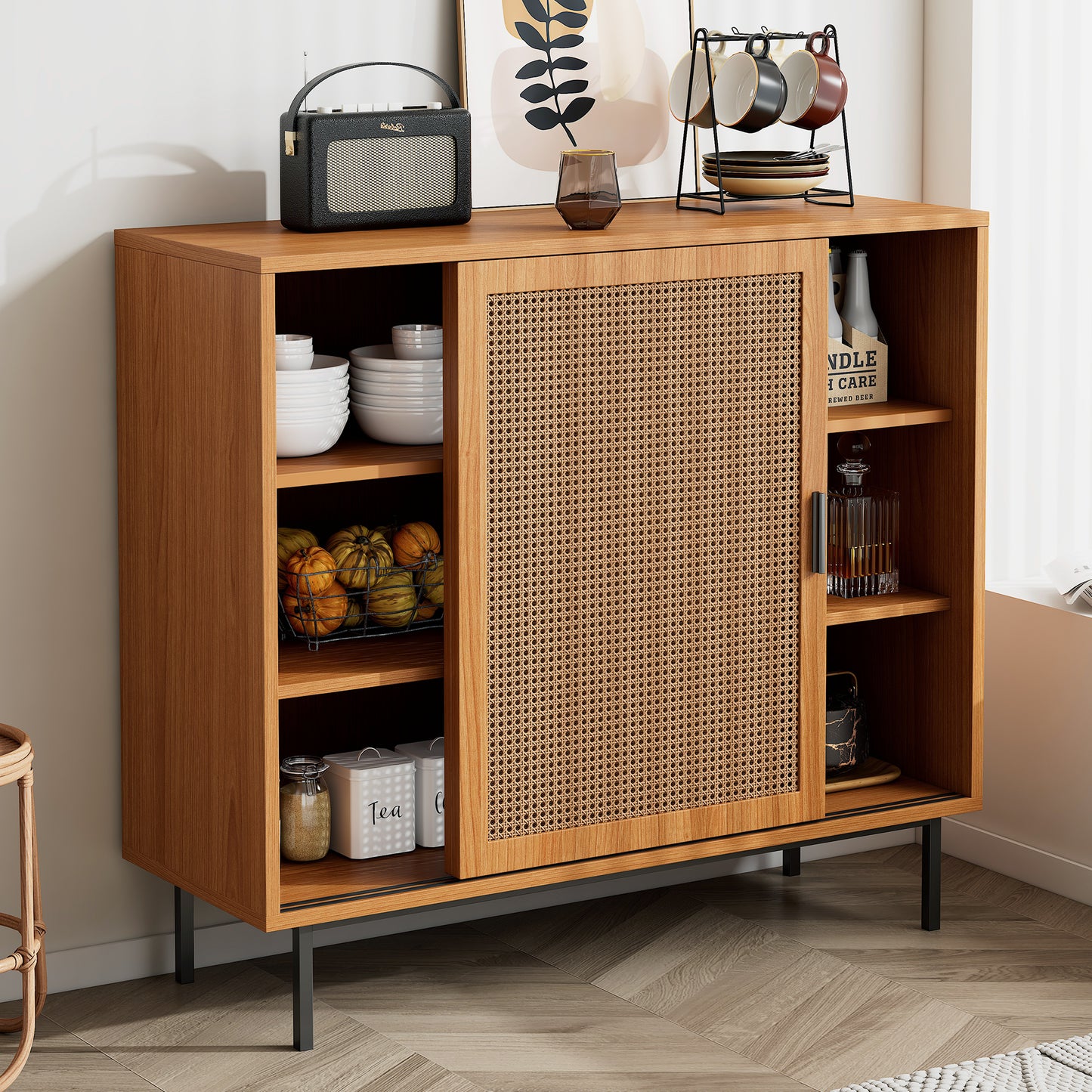 Sideboard, Kitchen Cabinet, Storage Cupboard With Rattan Decorated Doors, With 2 Sliding Barn Doors, 10 0 X 37 X 90 Cm, Adjustable Shelves, Walnut