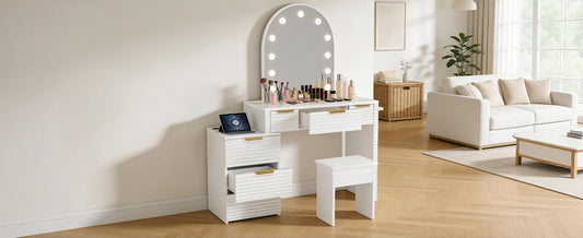 Makeup Vanity Desk With Mirror Lights Glass Tabletop 3 Lighting Modes Adjustable Vanity Table Modern Makeup Desk With Chair Power Outlet And 6 Drawers For Bedroom