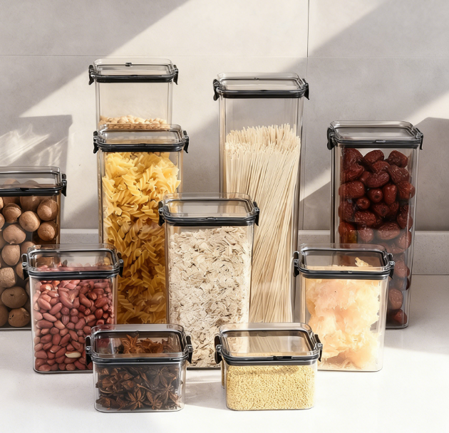 Black  White   Food Grade Clear Plastic Airtight Storage Containers, Square Thickened Jars With Lids For Grains, Cereal & Dry Food