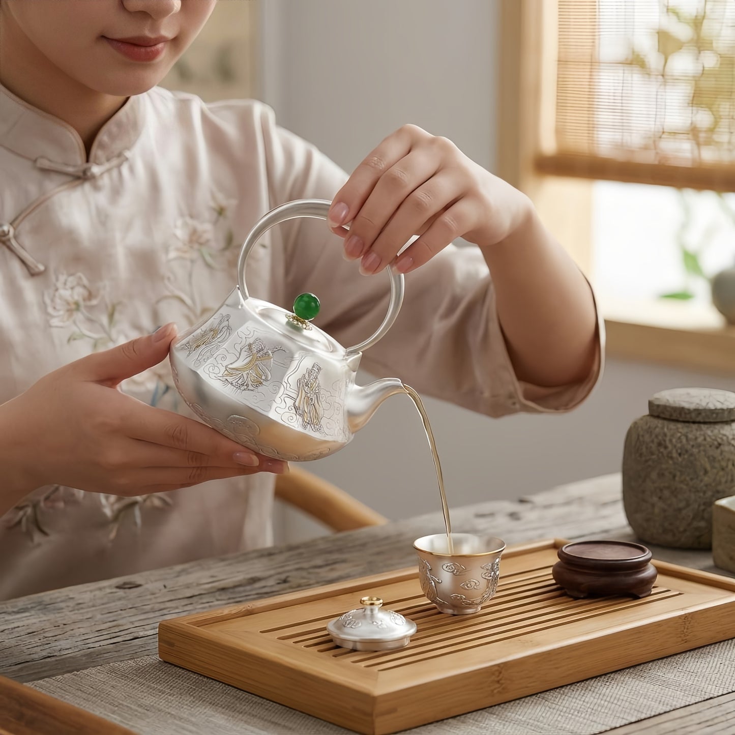 925 Sterling Silver Elegant Silver Tea Kettle Featuring Gilded Traditional Imagery and a Polished Green Jade Accent - Handicraft