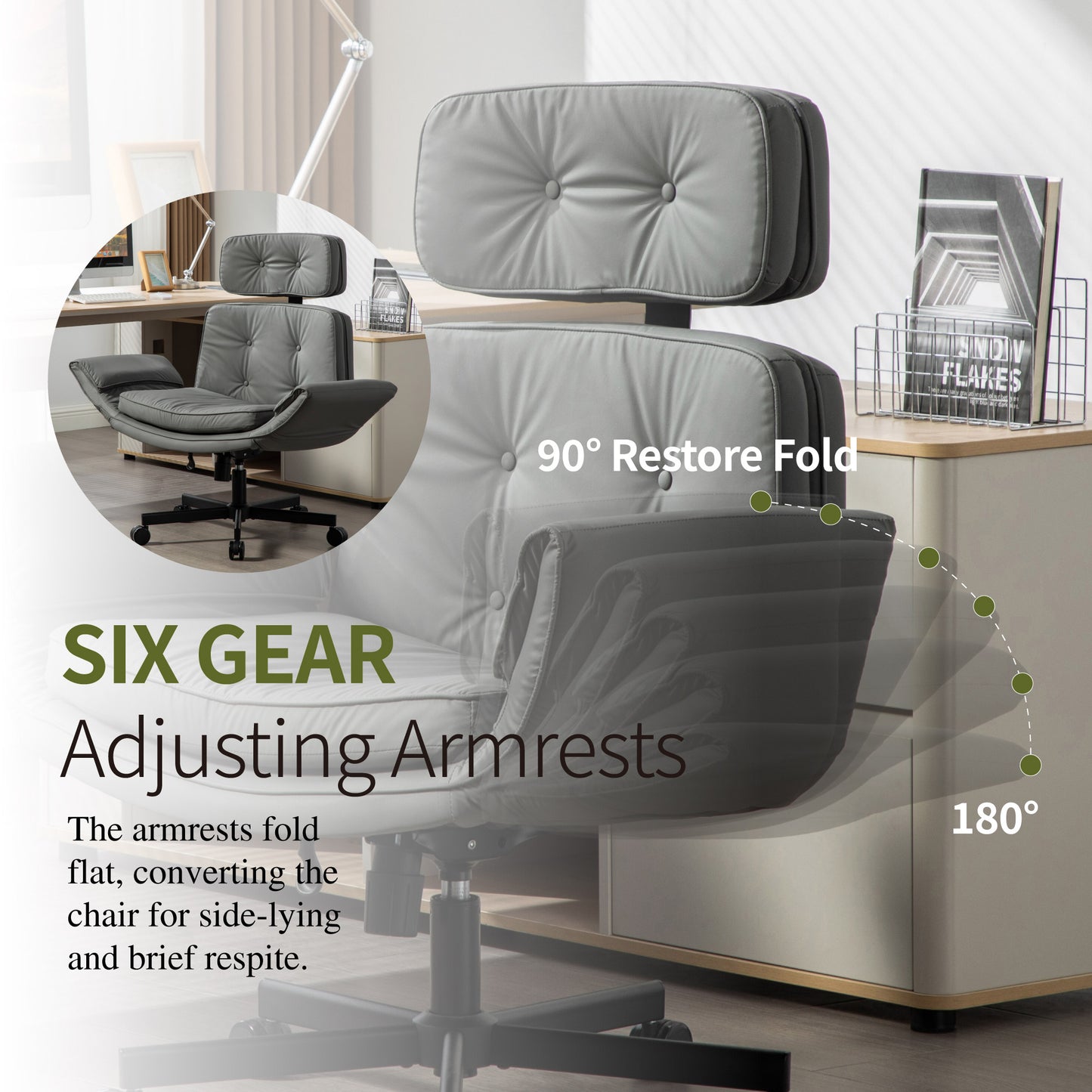Criss Cross Chair With Adjustable Armrests & Wheels & Headrest, PU Lounge Vanity Desk Chair With Wide Seat For Cross-Legged Sitting, Swivel Task Office Chairs For Home, Makeup, Gaming, Office, Gray