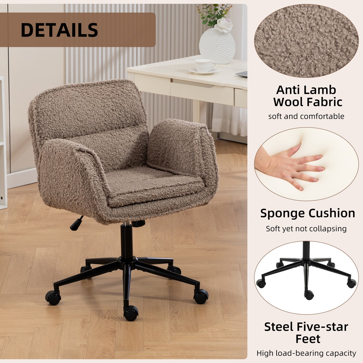 Criss Cross Chair With 5-Gear Adjustable Armrests & Wheels, Ergonomic Thickened Backrest Swivel Desk Chair For Home Office, Vanity, Bedroom And Living Room,brown Teddy Fleece