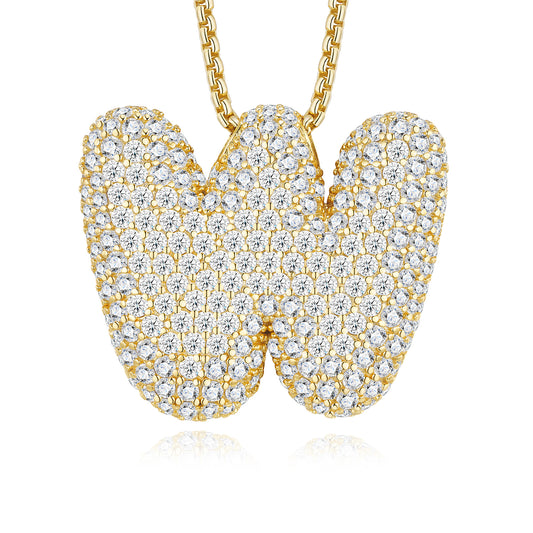 17.7g S925 Gold Plated Bubble Letter Initial Necklace For Women  D Color VVS1 Moissanite Pendant With GRA, Heavy Solid Jewelry Gift Box Set A-Z