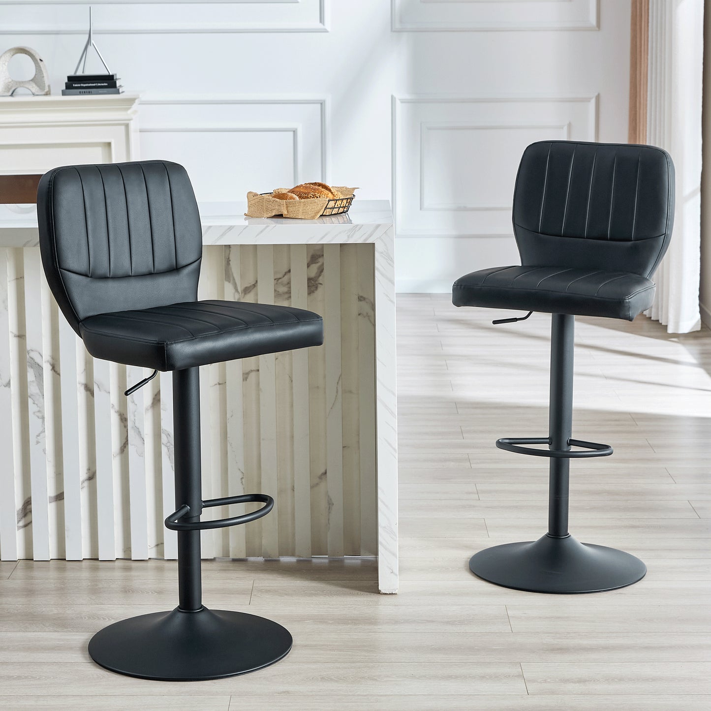 Bar Stool Height Adjustable 62-83cm, 360 Swivel Bar Stool With Backrest & Footrest, Ergonomic Kitchen Stool Made Of  Leather, Loadable Up To 136kg, Black