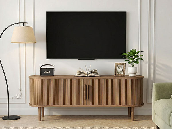 63in Fluted TV Stand Modern Media Console Table Entertainment Center With Sliding Door And Solid Wood Legs For Living Room Bedroom Office
