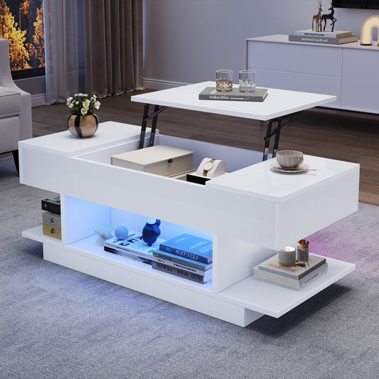 98x45x40cm Lift Coffee Table With Lift Table Top,Height Adjustable Sofa Table,Coffee Table With 2 Folding Cabinets,Living Room Table With Semi-Open Storage,High Gloss Tea Table With LED,White