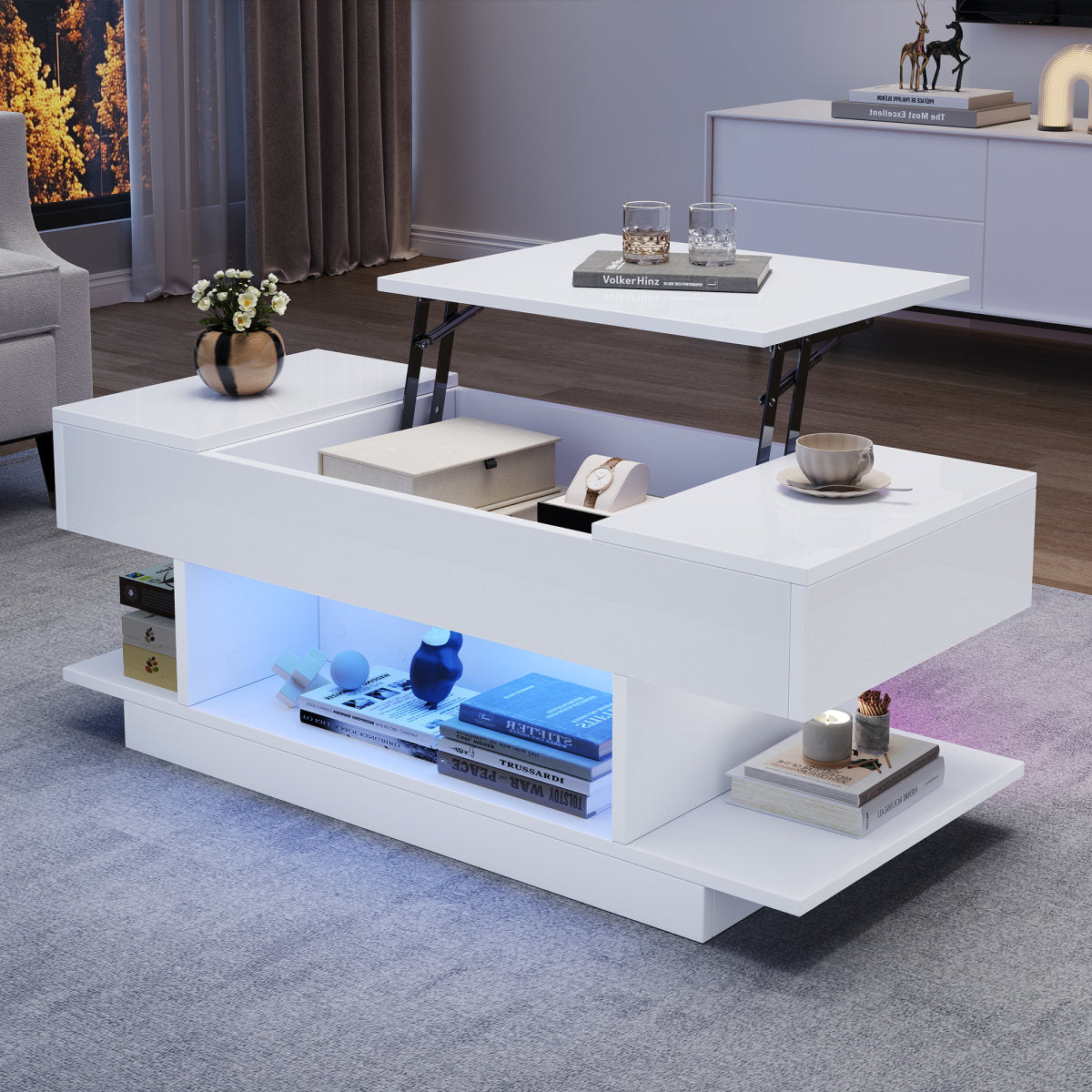 98x45x40cm Lift Coffee Table With Lift Table Top,Height Adjustable Sofa Table,Coffee Table With 2 Folding Cabinets,Living Room Table With Semi-Open Storage,High Gloss Tea Table With LED,White