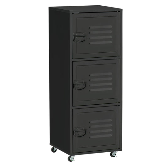 Rolling Storage Cabinet 3-Tier Mobile File Cabinet With Wheels & Metal Doors For Home Office, Living Room, Black