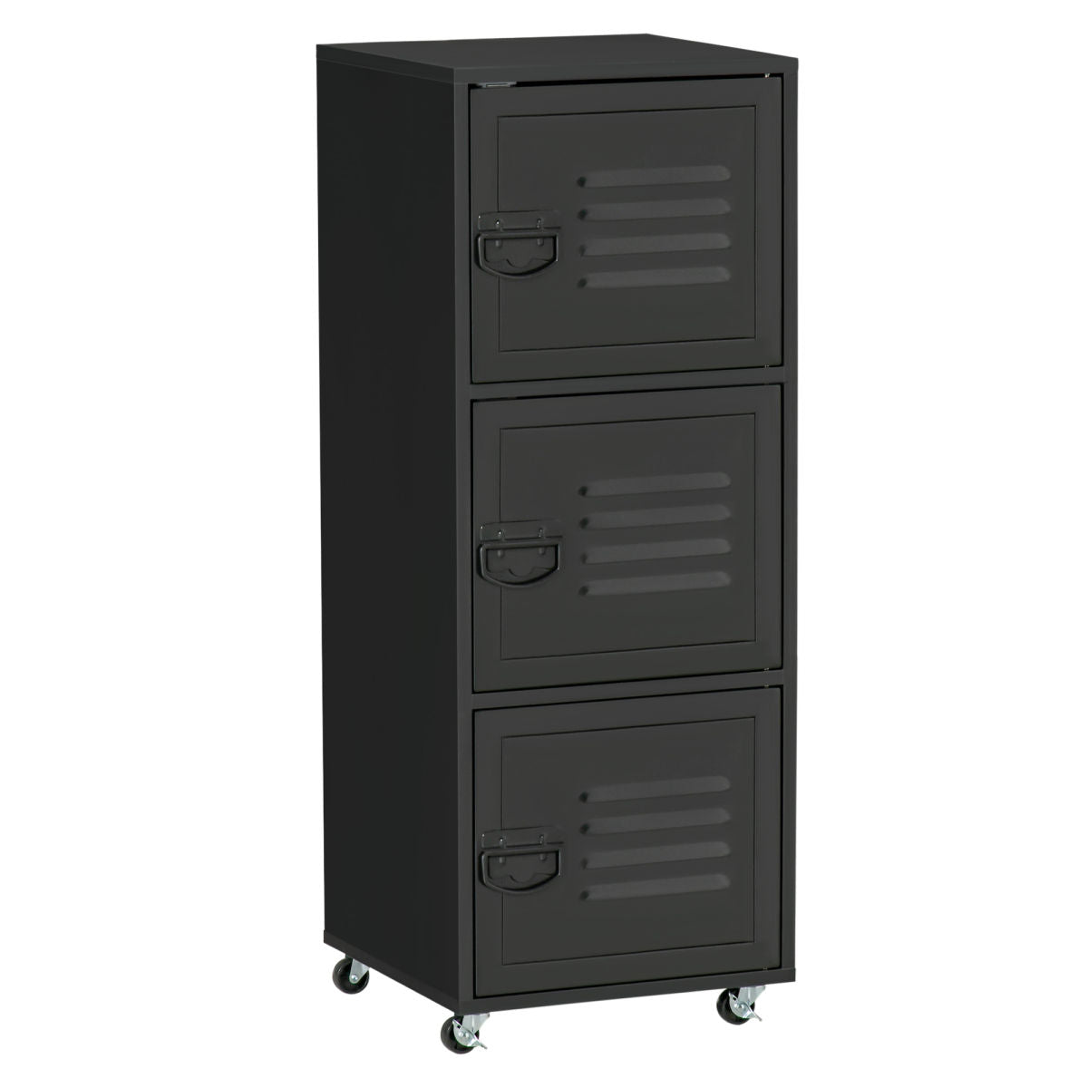 Rolling Storage Cabinet 3-Tier Mobile File Cabinet With Wheels & Metal Doors For Home Office, Living Room, Black