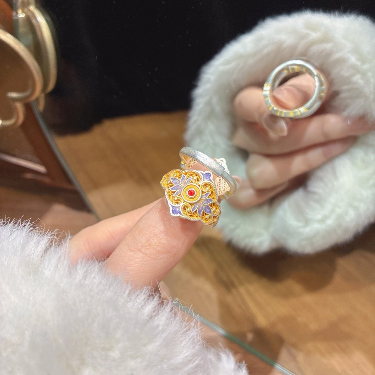 1pcs 999.9 Sterling Silver Filigree Enamel Flower Statement Ring, Luxury Retro Style, Ideal For Birthdays & Holiday Gifts