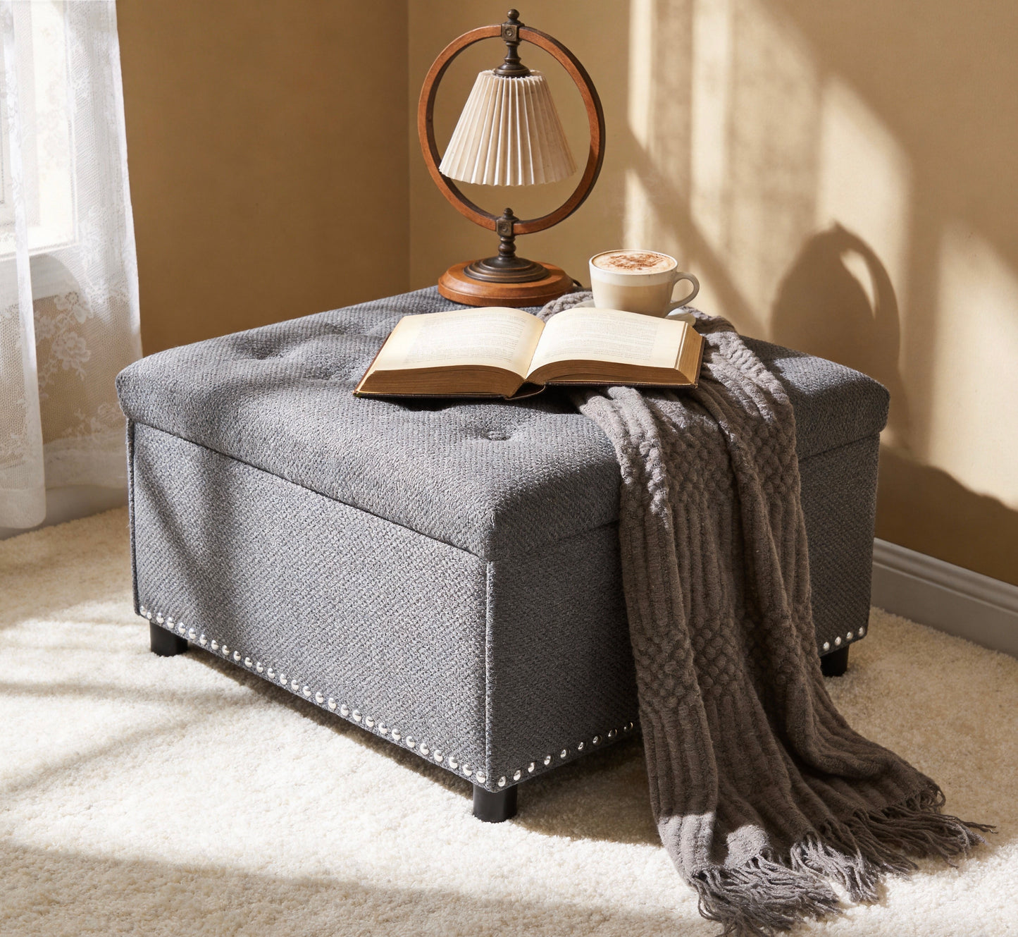 Storage Ottoman, Tufted Footstool, Nailhead Trim Ottoman, Square Storage Ottoman, Upholstered Coffee Table, Bedroom Storage, Living Room Accent, Light Gray Ottoman, Small Space Furniture, Home Decor.