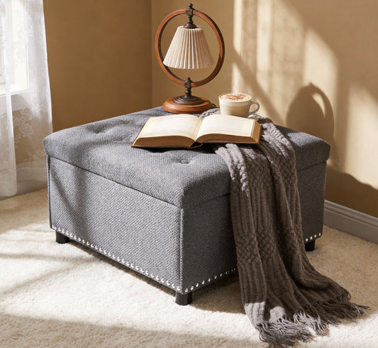 Storage Ottoman, Tufted Footstool, Nailhead Trim Ottoman, Square Storage Ottoman, Upholstered Coffee Table, Bedroom Storage, Living Room Accent, Light Gray Ottoman, Small Space Furniture, Home Decor.