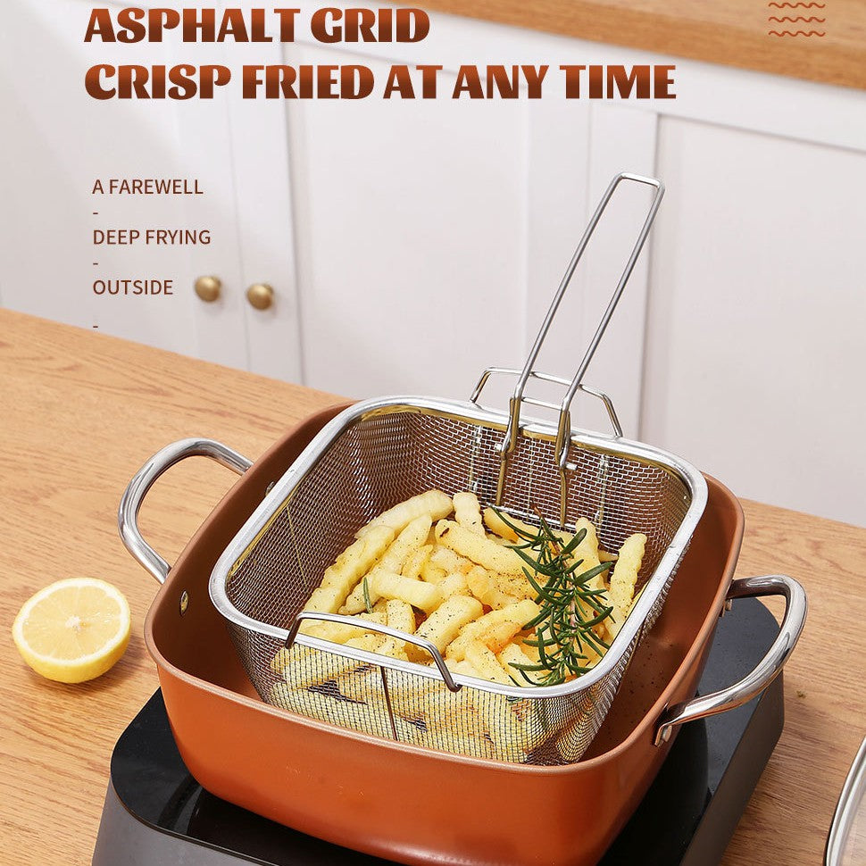 24cm Square Kitchen Fryer Non Stick Chip Pan Potato Fryer W  Basket Cooking Pot