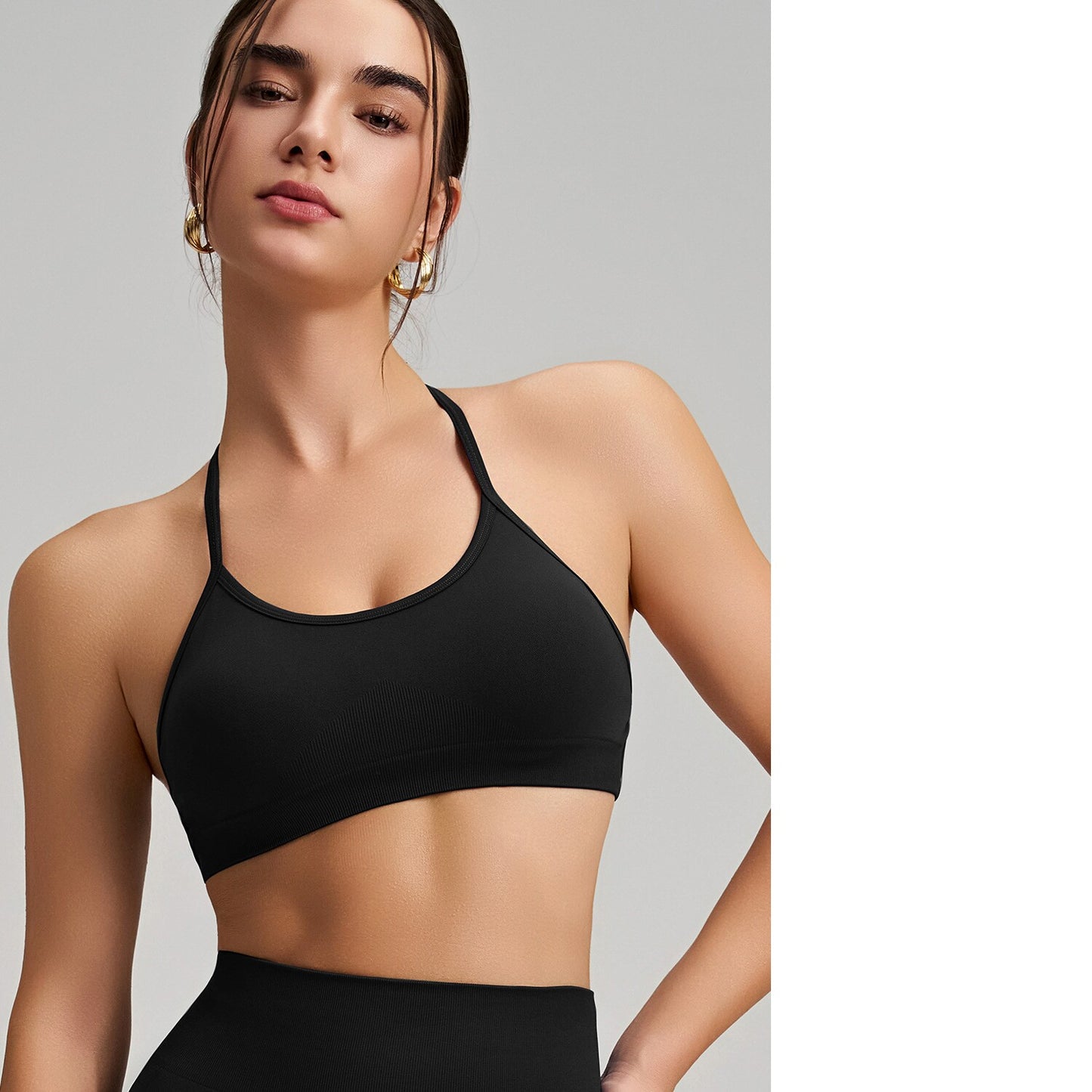 Women's Seamless Thin Strap Cross Back Yoga Outfit Set, Quick-Dry Tight Sports Fitness Bra For Running