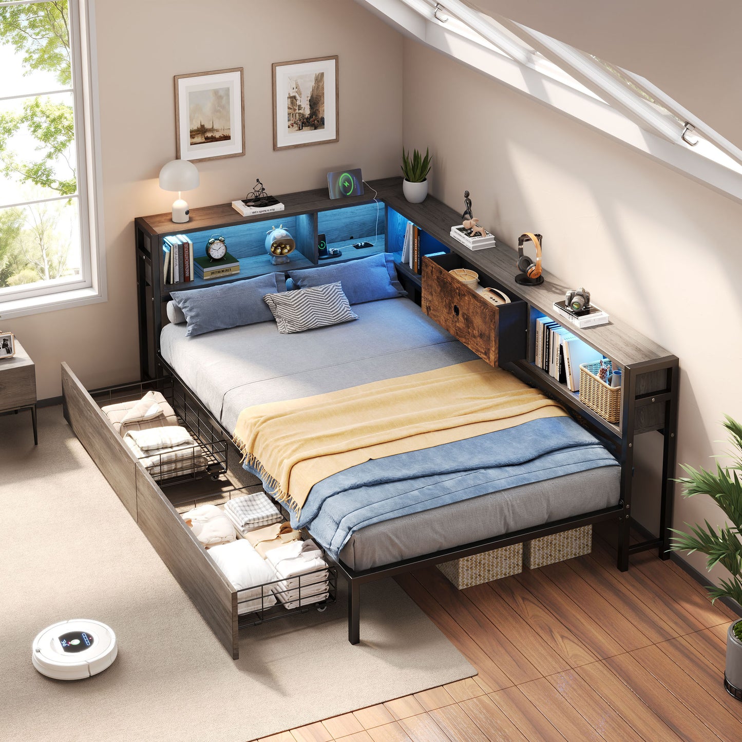 3ft Single Metal And Wood Bed With RGB LED Lights & Charging Station USB & Type-C, Built-in Shelves And Bedside Storage, Two Storage Drawers, Two Assembly Methods, Grey, Rustic Brown No Mattress
