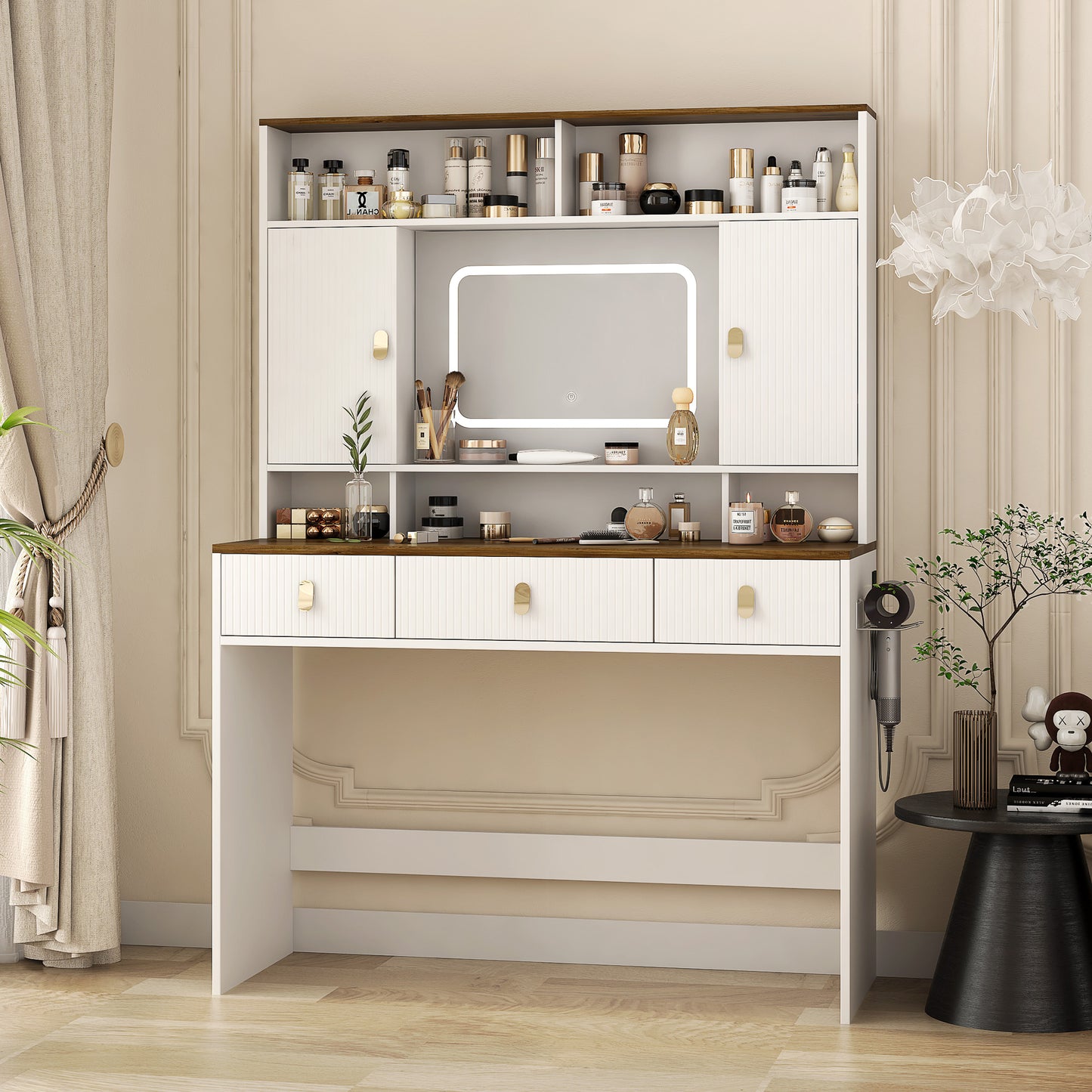 Farmhouse Dressing Table Makeup Table, 43  Wide Dressing Table With Lighted Mirror And Makeup Drawer, Large Modern Dressing Table Set With Hair Dryer Holder For Bedroom, White
