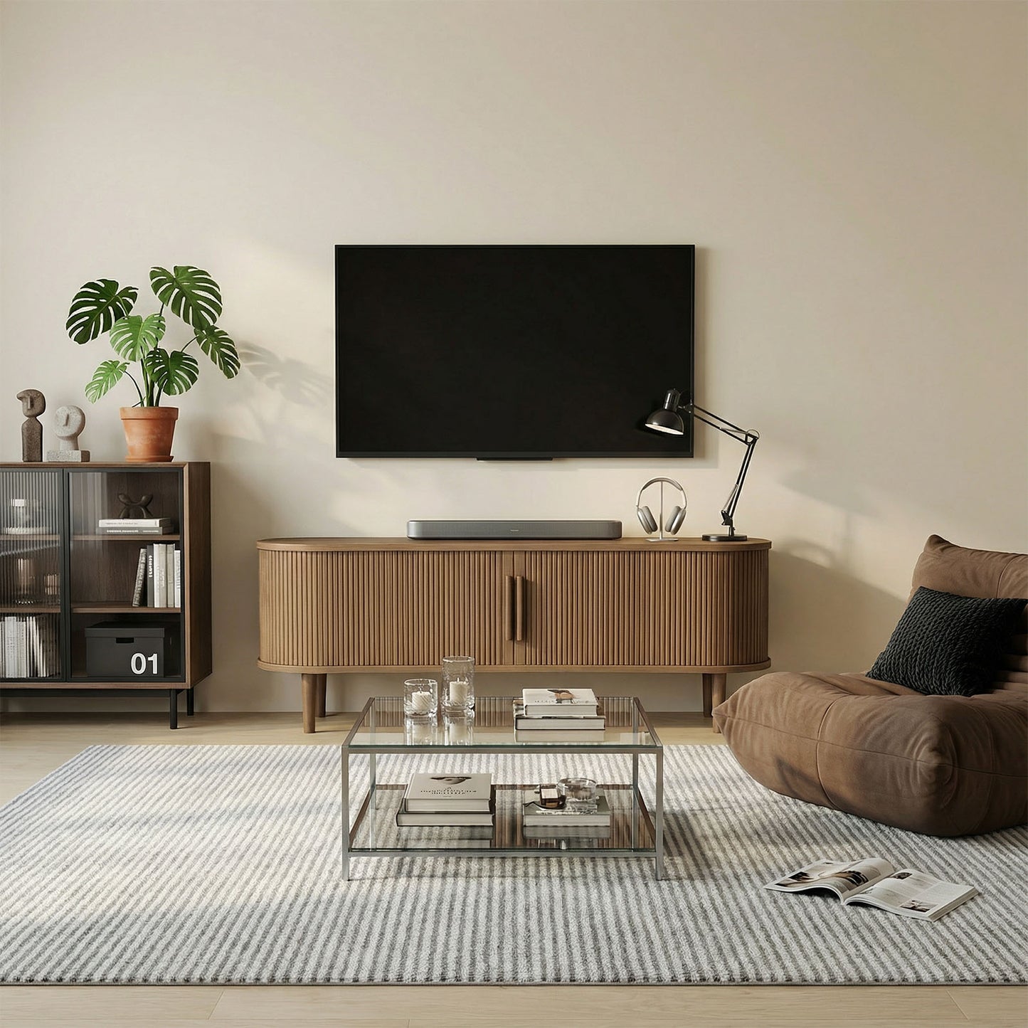 63in Fluted TV Stand Modern Media Console Table Entertainment Center With Sliding Door And Solid Wood Legs For Living Room Bedroom Office