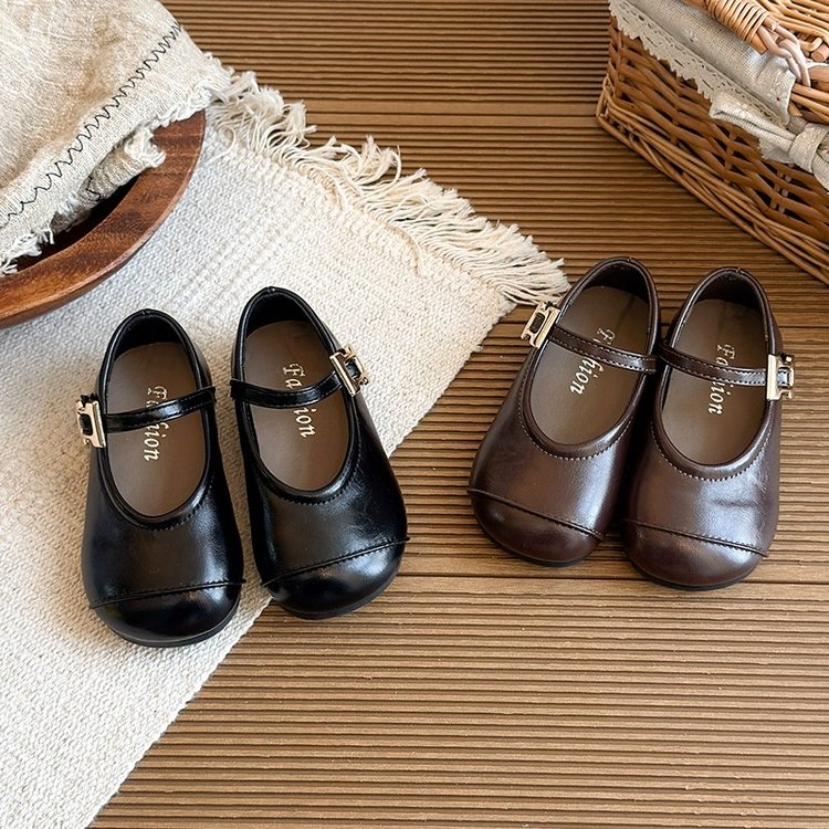 2026 Spring New Arrival Girls' Leather Shoes, Black Korean Style Soft Sole Toddler Flat Shoes, Retro Princess Casual Shoes For Little Girls