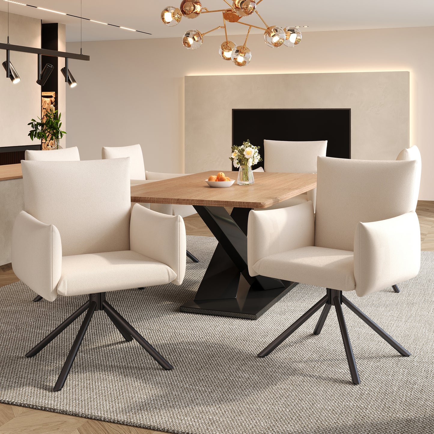 Two Dining Chairs Set, Upholstered Armchair With 4 Metal Legs, 360 Casual Swivel Chair, Living Room Bedroom Chair, Work And Desk Chair, Lumbar Support, Linen, Beige