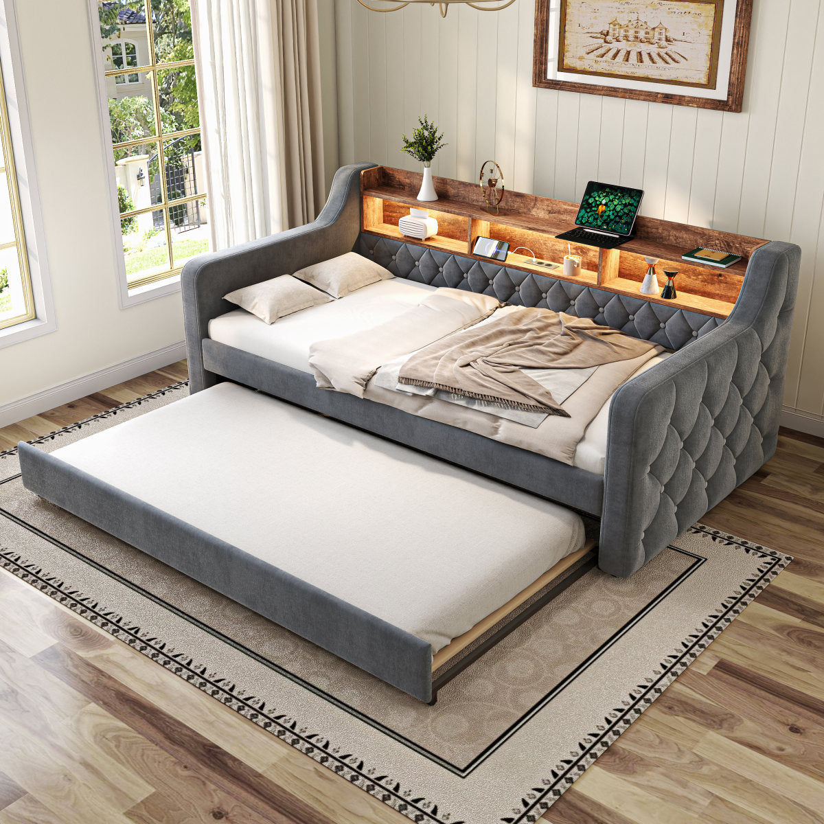 Space-saving Sofa Bed 90x190 Cm In Velvet With Storage, LED Ambiance & USB-C Port, 12 Slatted Frames & Sturdy Metal-Wood Frame  For Bedrooms, Guest Rooms, Or Youth Rooms. Gray