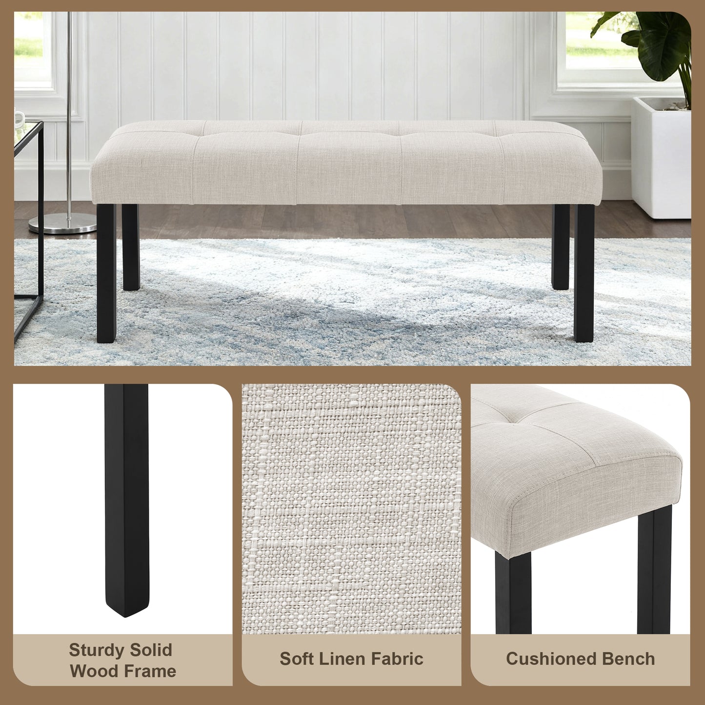 Modern Tufted Linen Dining Bench, Farmhouse Upholstered Entryway Bench With Black Rubber Wood Legs, Versatile For Kitchen, Bedroom, Hallway, Beige
