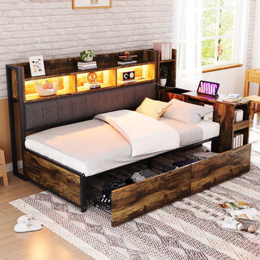 Iron Sofa Bed 90 X 200 Cm, With Versatile Storage Compartments & Lockers, Multifunctional Sockets & LED Lighting, Complete With Large Drawers And A Pull-out Desk