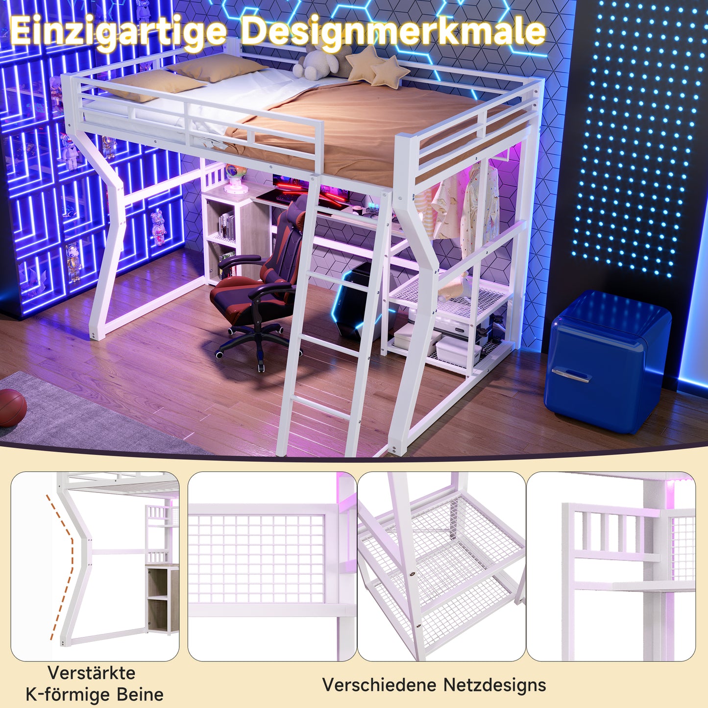 Loft Bed, 140 X 200 Cm, Iron Frame, With Light Strip, Socket, Clothes Hanging Area, Desk, Storage Compartments, Shelves, Open Space Under The Bed, Without Mattress, White