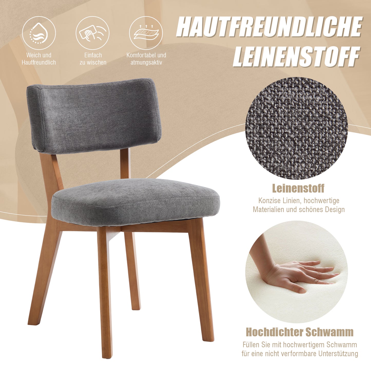 Modern Mid-Century Style Dining Chair Set Of 2, Solid Wood Legs Fabric Upholstered Seat For Kitchen, Dining Room Or Office Gray Linen Fabric
