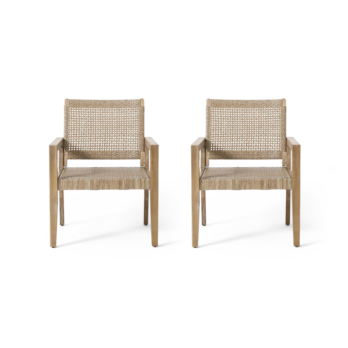 Outdoor Wicker And Acacia Wood Club Chairs, Set Of 2, Light Multibrown And Light Brown, 34 H X 25 W X 27.25 D