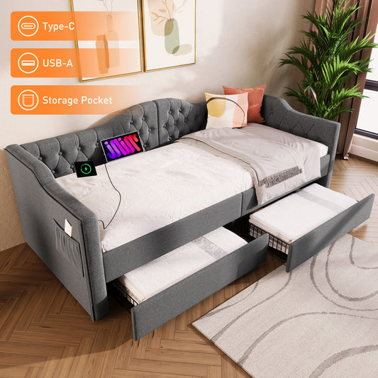 Upholstered Bed Daybed Sofa Bed Storage Beds Bed Frame With USB Type C Charging And 2 Drawers 90x200cm In Grey Linen  Without Mattress