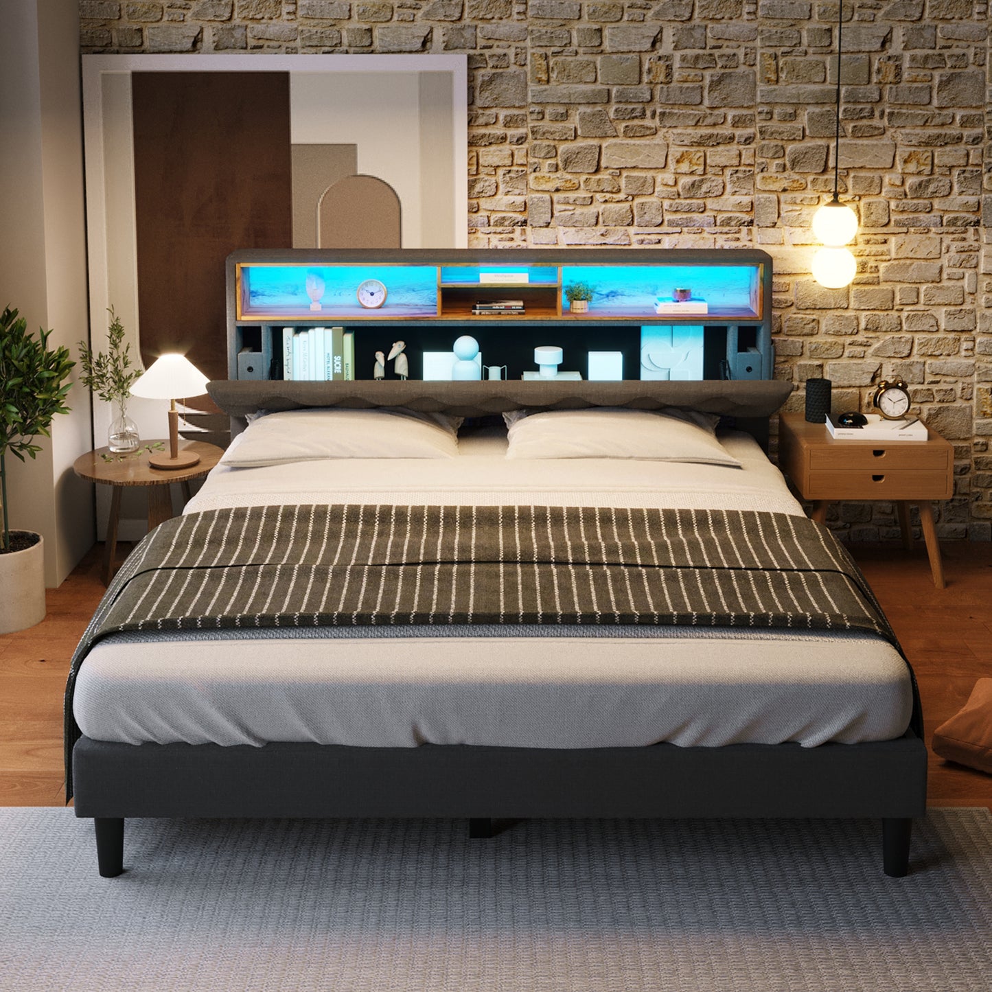 Upholstered Bed Double Bed Storage Headboard Bed With LED Lighting Bed Frame Wooden Slatted Frame,140x200CM Grey Without Mattress