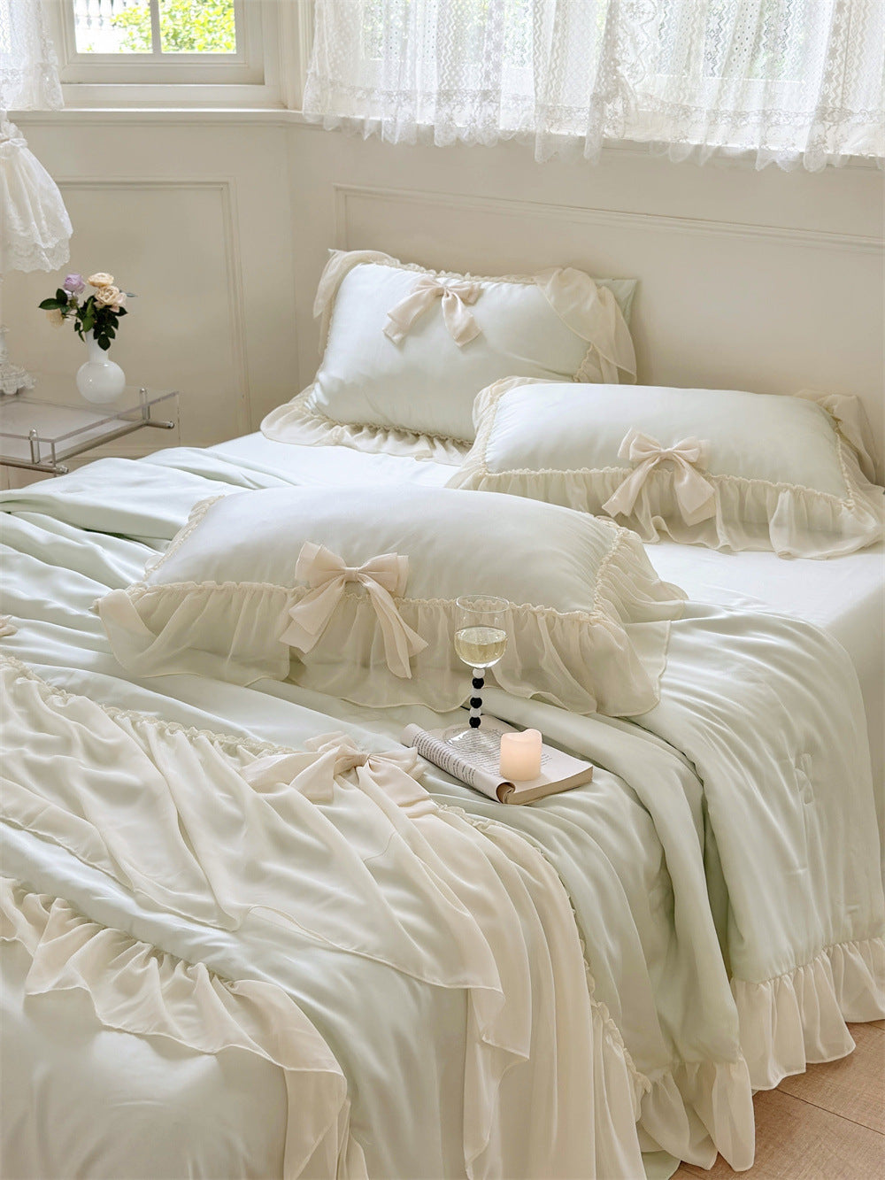 Pure Color Ruffles Princess Style Summer Quilt Tencel Summer Cooling Duvet Airable Cover Four-piece Set