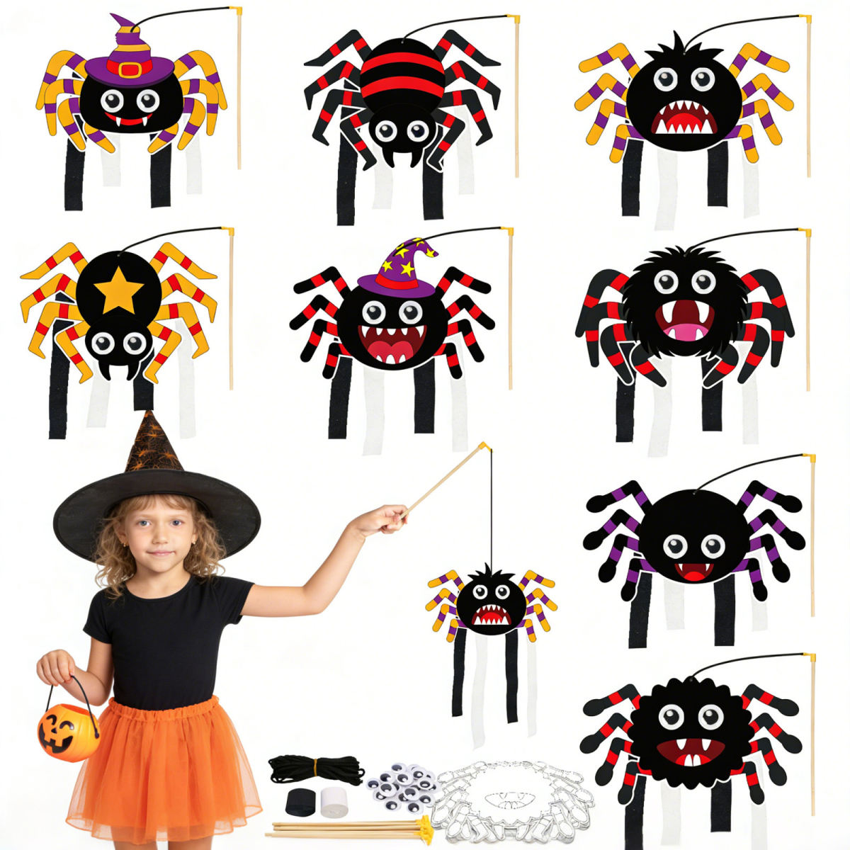 Halloween Spiders Craft Kit - Complete Set With Crepe Paper, Lamp Sticks, And Accessories For Spooky Projects - Party Supplies Set