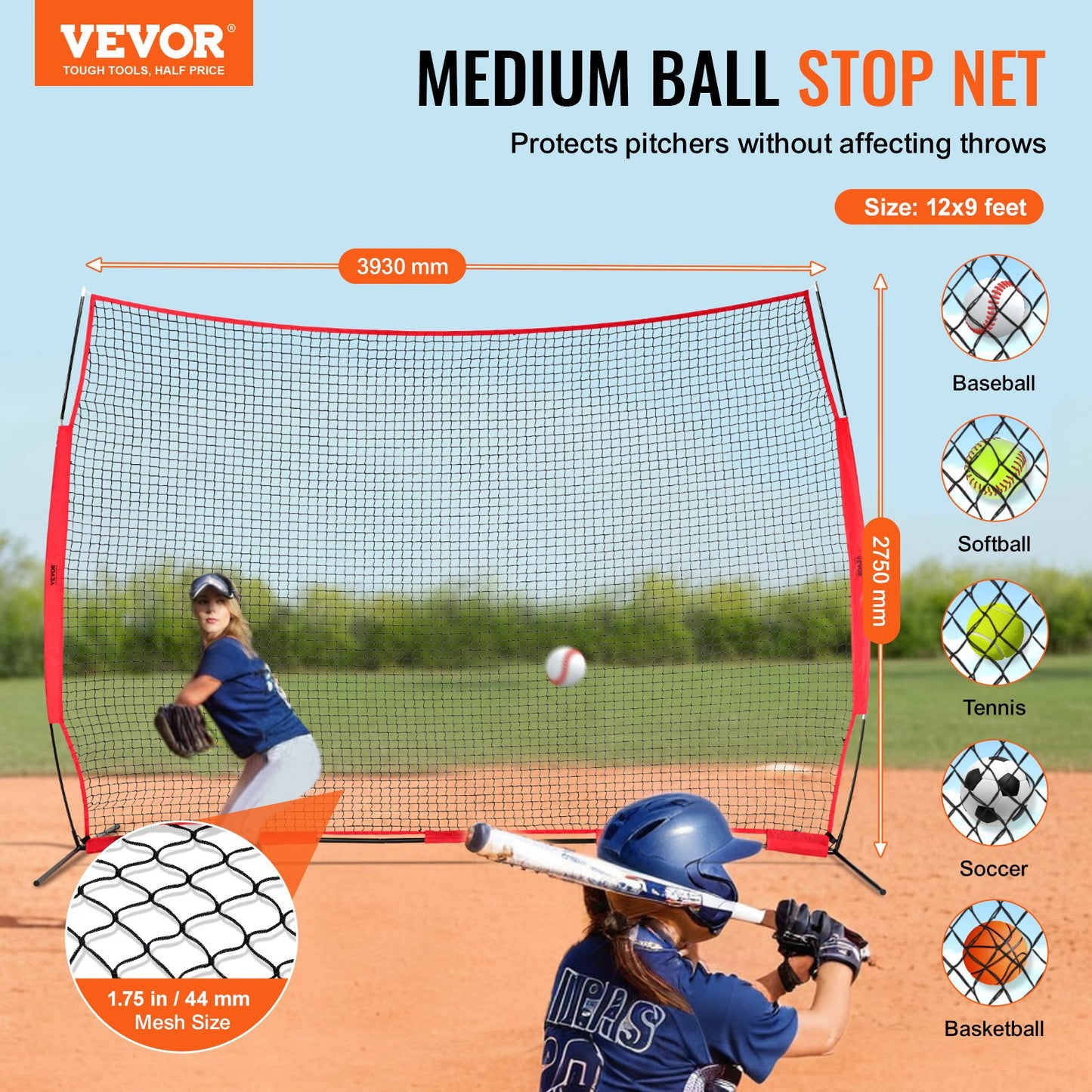 Barricade Backstop Net, 12x9 Ft Ball Sports Barrier Netting, Portable Practice Equipment With Carry Bag, Protection Screen For Baseball Softball Lacrosse Soccer Hockey Training, For Backyard
