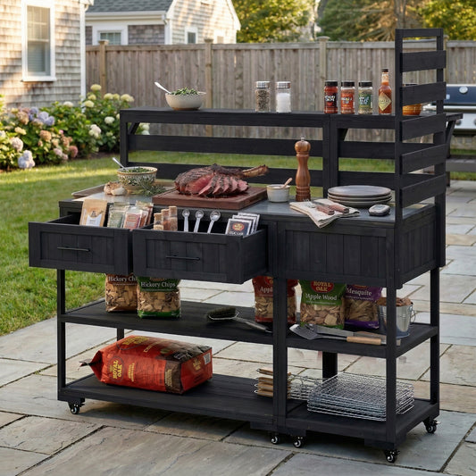 With Assembly Video  TOPMAx 62.3  Patio Kitchen Island Solid Wood Kitchen Cart With Stainless Table Top  Garden Potting Bench With Raised Shelf And Drawers  Grill Prep Table For BBQ  Party  Black